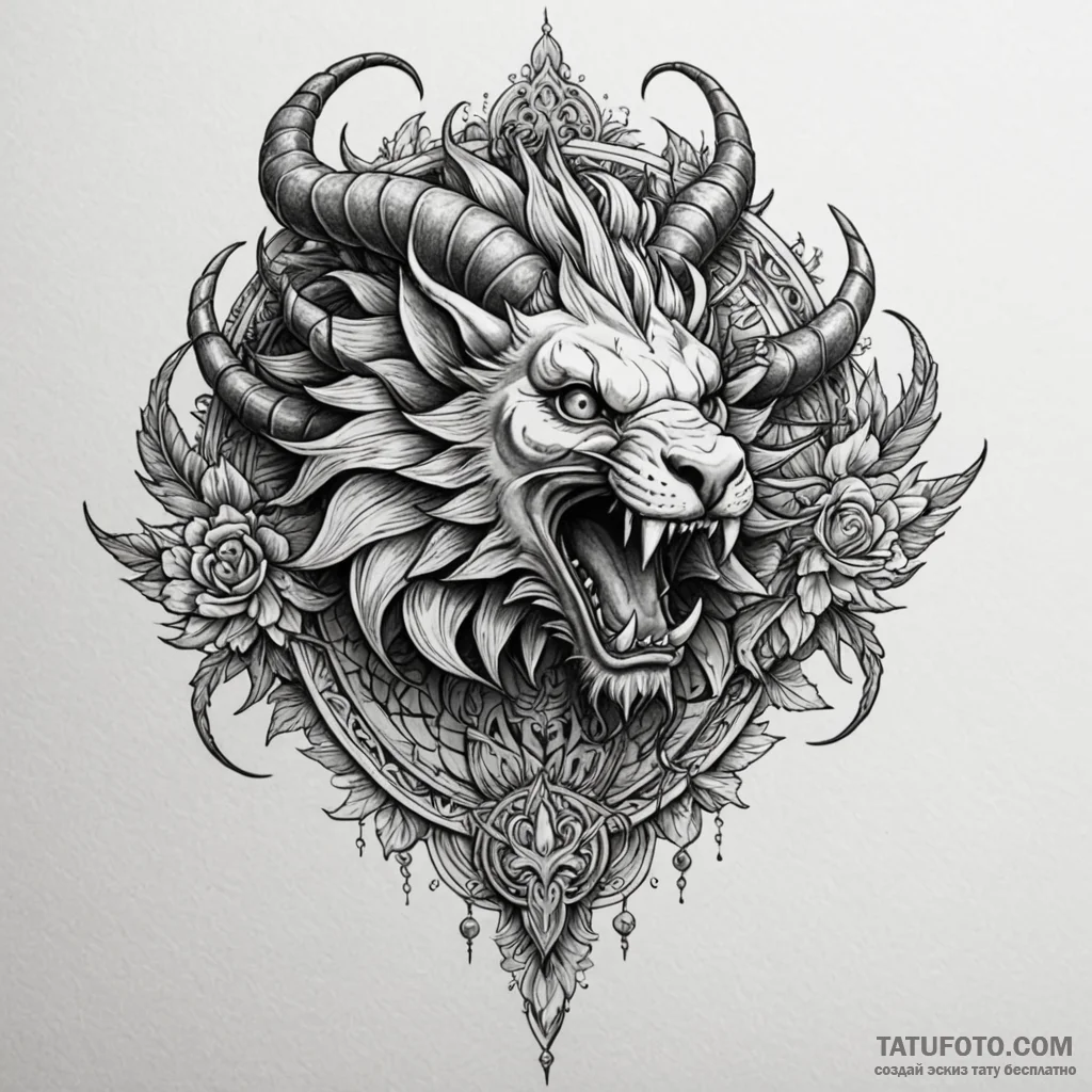 Manticore with a scorpion's tail poised to st... - эскиз тату (№1750565558_0, 22.06.2025 04:12) — Tatufoto.com