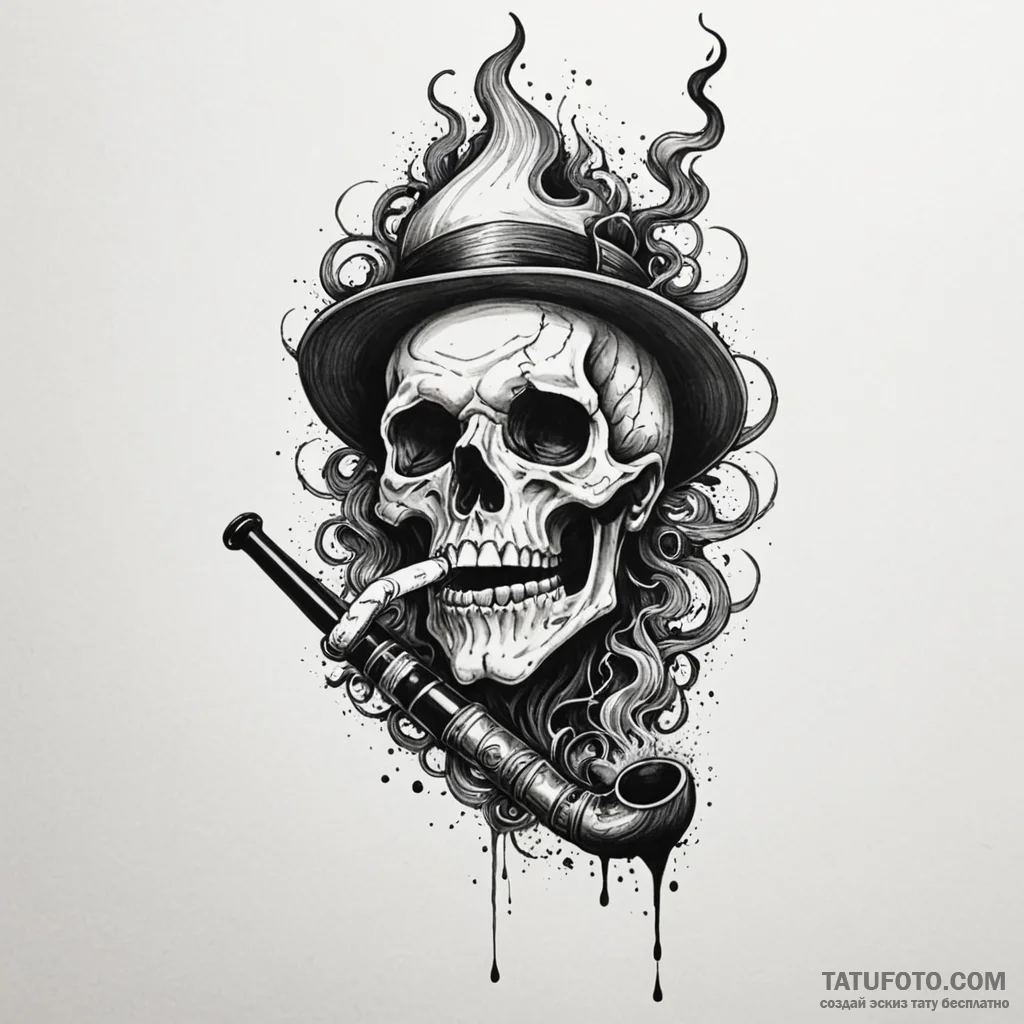 Smoking pipe with smoke forming a ghost, tatt... - эскиз тату (№1750566236_1, 22.06.2025 04:23) — Tatufoto.com