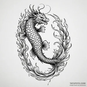 Koi dragon with flaming fins, tattoo line art... - эскиз тату (№1750572566_1, 22.06.2025 06:09) — Tatufoto.com