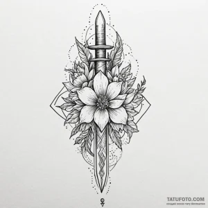 Oak dagger beneath celestial bloom, tattoo li... - эскиз тату (№1750573503_1, 22.06.2025 06:25) — Tatufoto.com