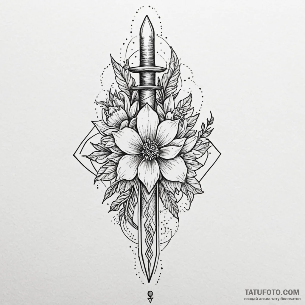Oak dagger beneath celestial bloom, tattoo li... - эскиз тату (№1750573503_1, 22.06.2025 06:25) — Tatufoto.com