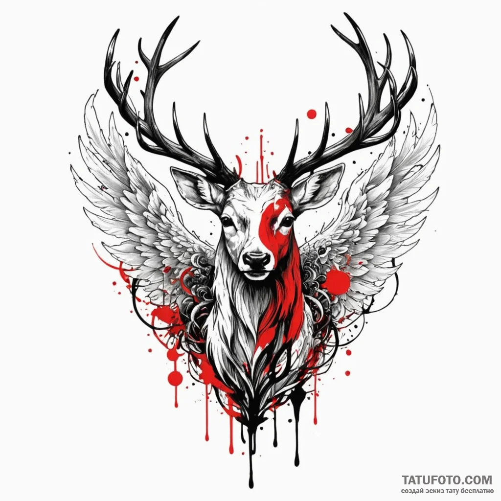 Angelic stag with wings, tattoo line art, bla... - эскиз тату (№1750579924_0, 22.06.2025 08:12) — Tatufoto.com