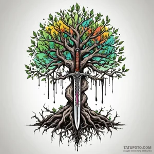 Ancient tree with swords in roots, tattoo ske... - эскиз тату (№1750581159_0, 22.06.2025 08:32) — Tatufoto.com