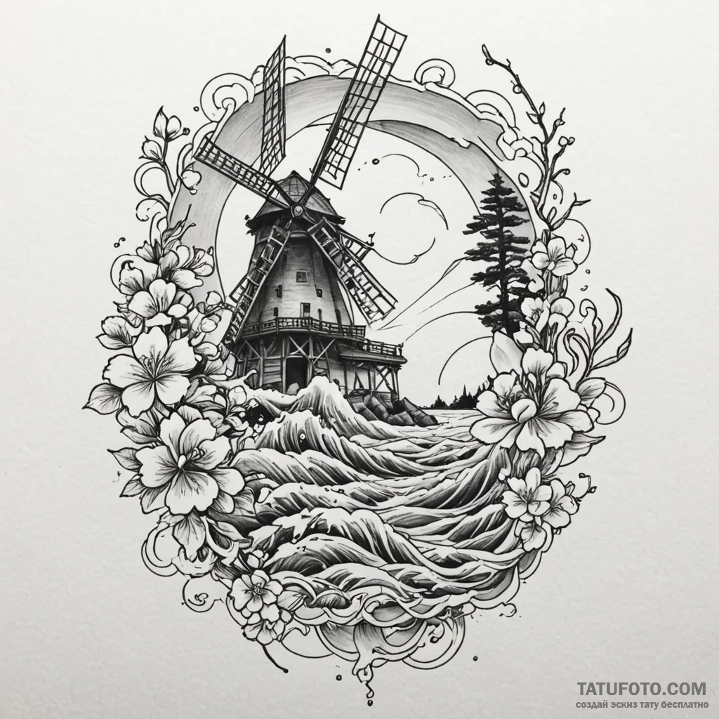 Windmill, harnessing the power of nature, tat... - эскиз тату (№1750581245_0, 22.06.2025 08:34) — Tatufoto.com