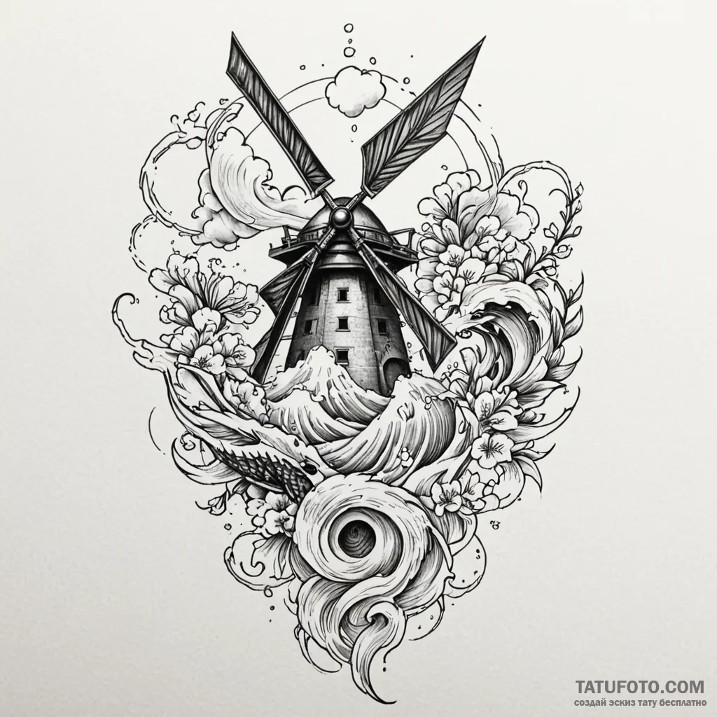 Windmill, harnessing the power of nature, tat... - эскиз тату (№1750581245_1, 22.06.2025 08:34) — Tatufoto.com
