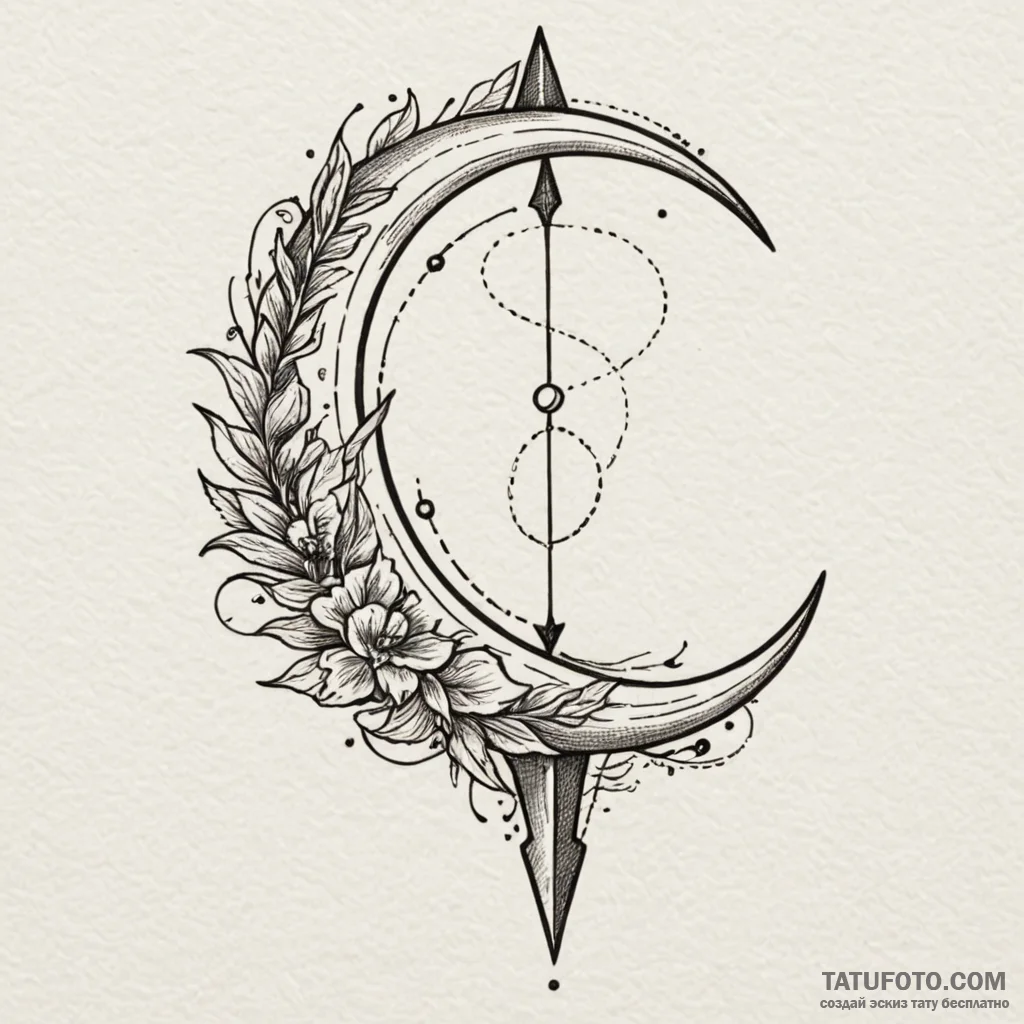 Crescent moon pierced by arrow, tattoo flash... - эскиз тату (№1750581332_1, 22.06.2025 08:35) — Tatufoto.com