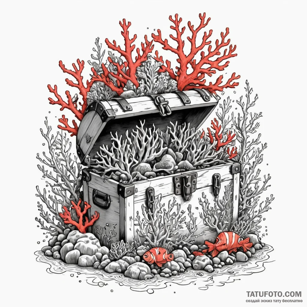 Treasure chest beneath coral reef, ink illust... - эскиз тату (№1750581593_0, 22.06.2025 08:39) — Tatufoto.com