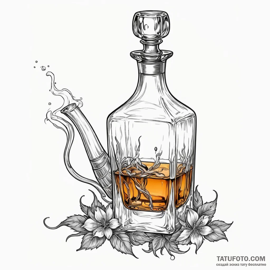 Decanter of fine whiskey with a single glass,... - эскиз тату (№1750582379_1, 22.06.2025 08:52) — Tatufoto.com