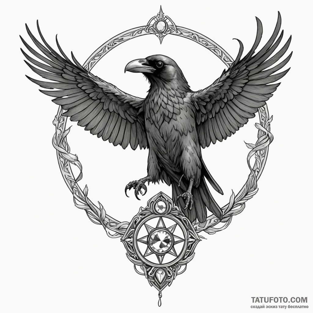 Angelic raven clutching gem, ink illustration... - эскиз тату (№1750582465_0, 22.06.2025 08:54) — Tatufoto.com