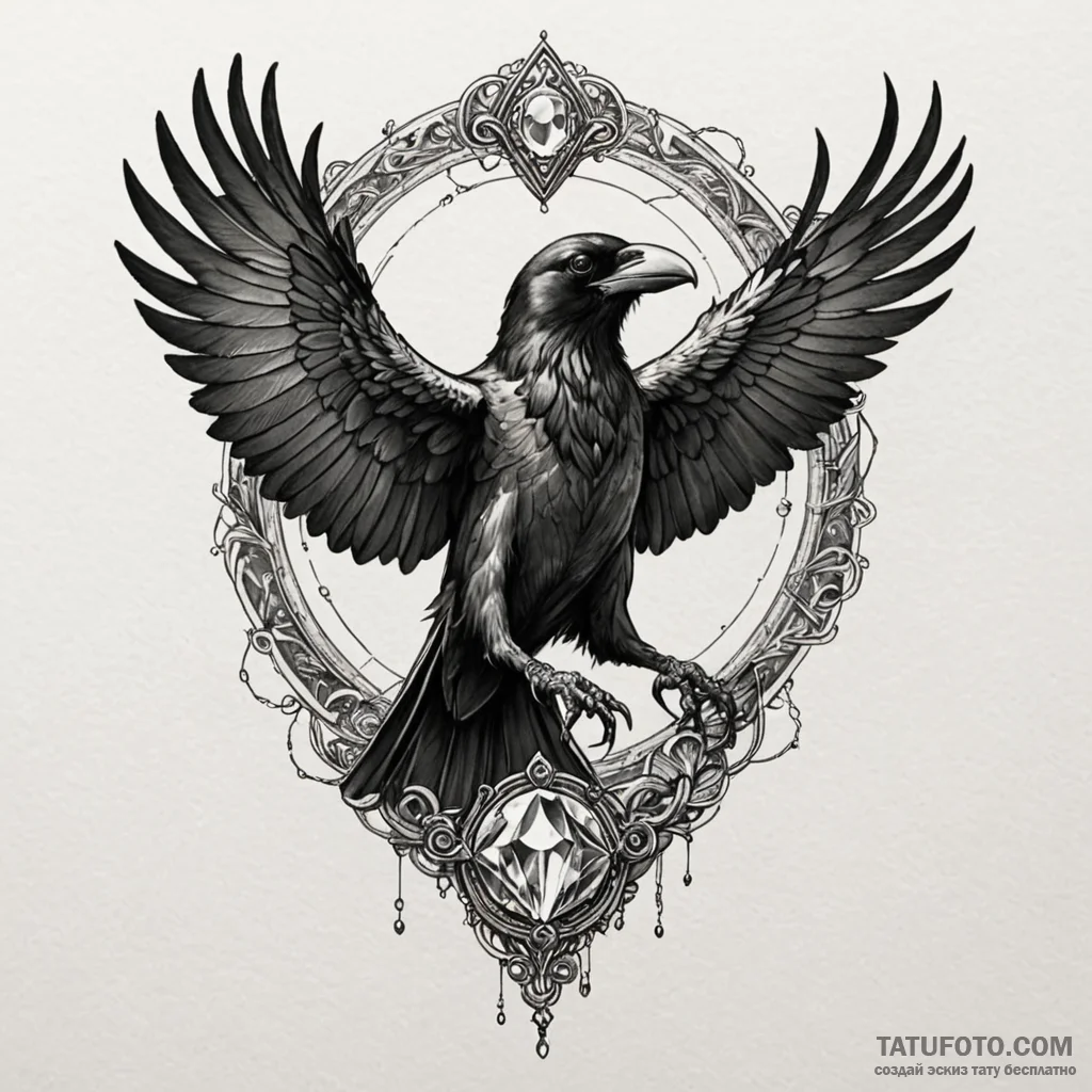 Angelic raven clutching gem, ink illustration... - эскиз тату (№1750582465_1, 22.06.2025 08:54) — Tatufoto.com