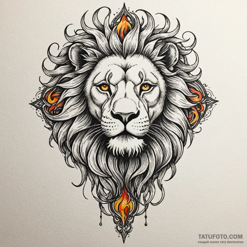 Animated lion with flaming mane, tattoo drawi... - эскиз тату (№1750583830_0, 22.06.2025 09:17) — Tatufoto.com