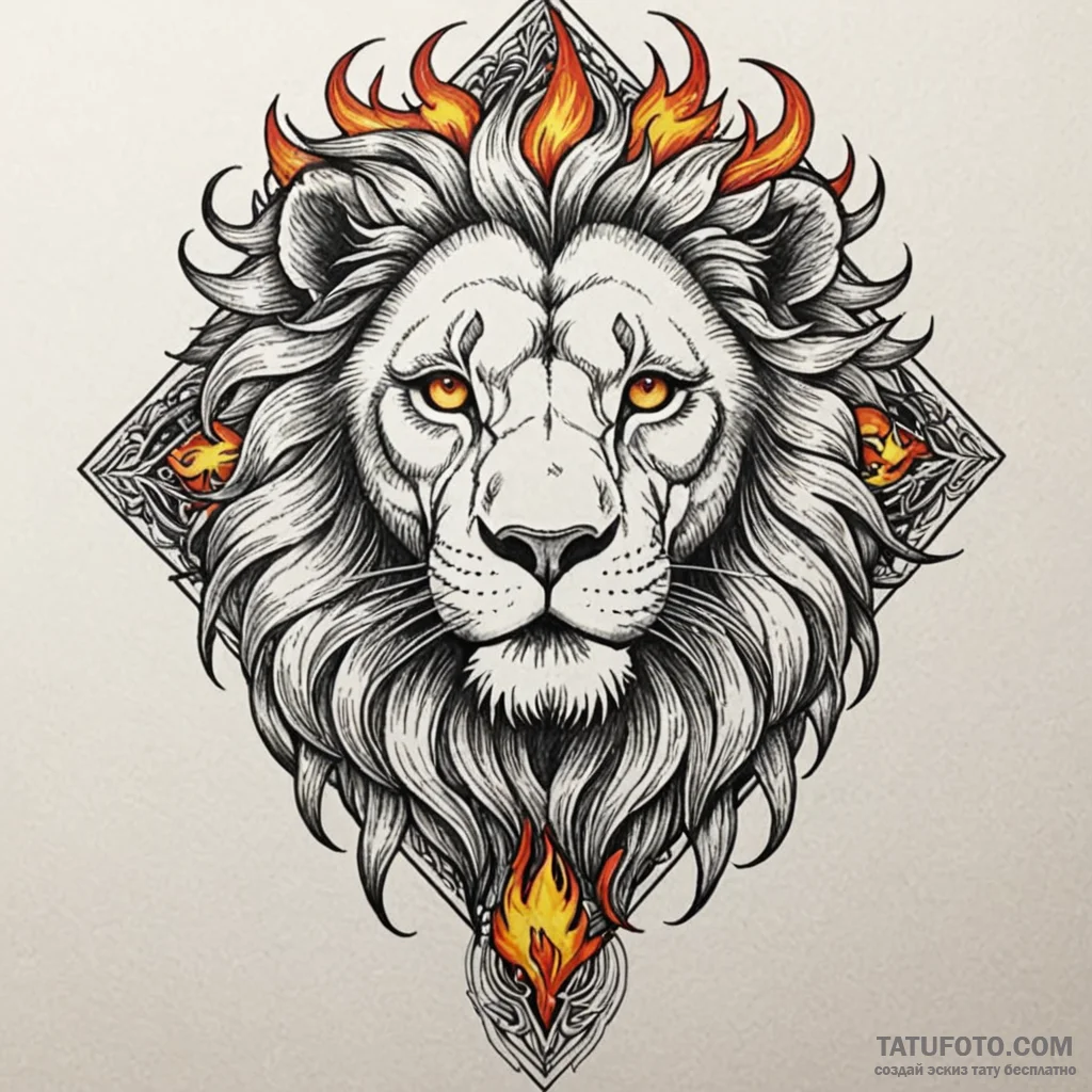Animated lion with flaming mane, tattoo drawi... - эскиз тату (№1750583830_1, 22.06.2025 09:17) — Tatufoto.com