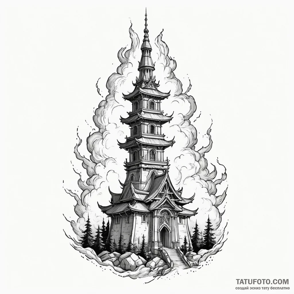 Temple spire breaking through mist, concept a... - эскиз тату (№1750601207_0, 22.06.2025 14:06) — Tatufoto.com