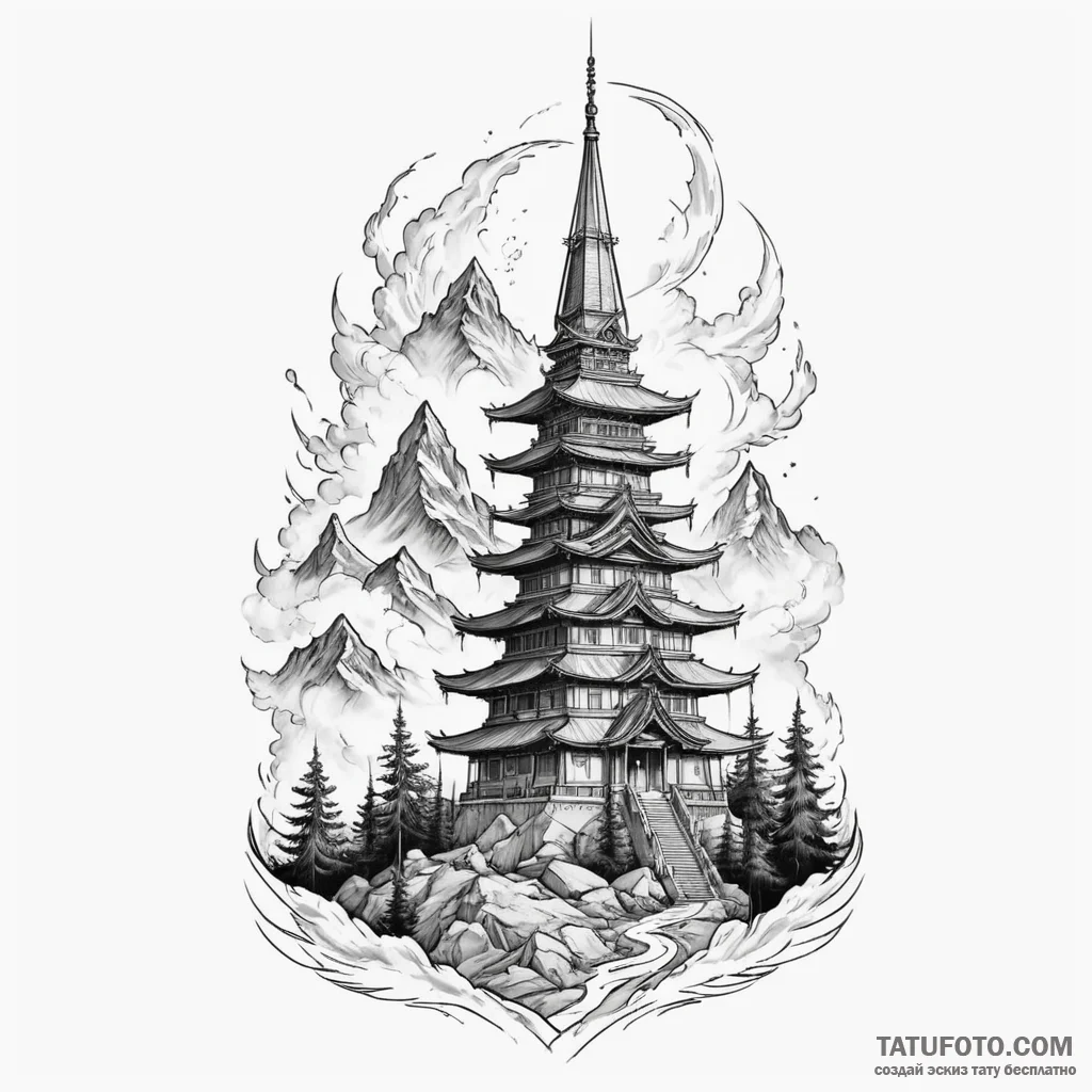 Temple spire breaking through mist, concept a... - эскиз тату (№1750601207_1, 22.06.2025 14:06) — Tatufoto.com