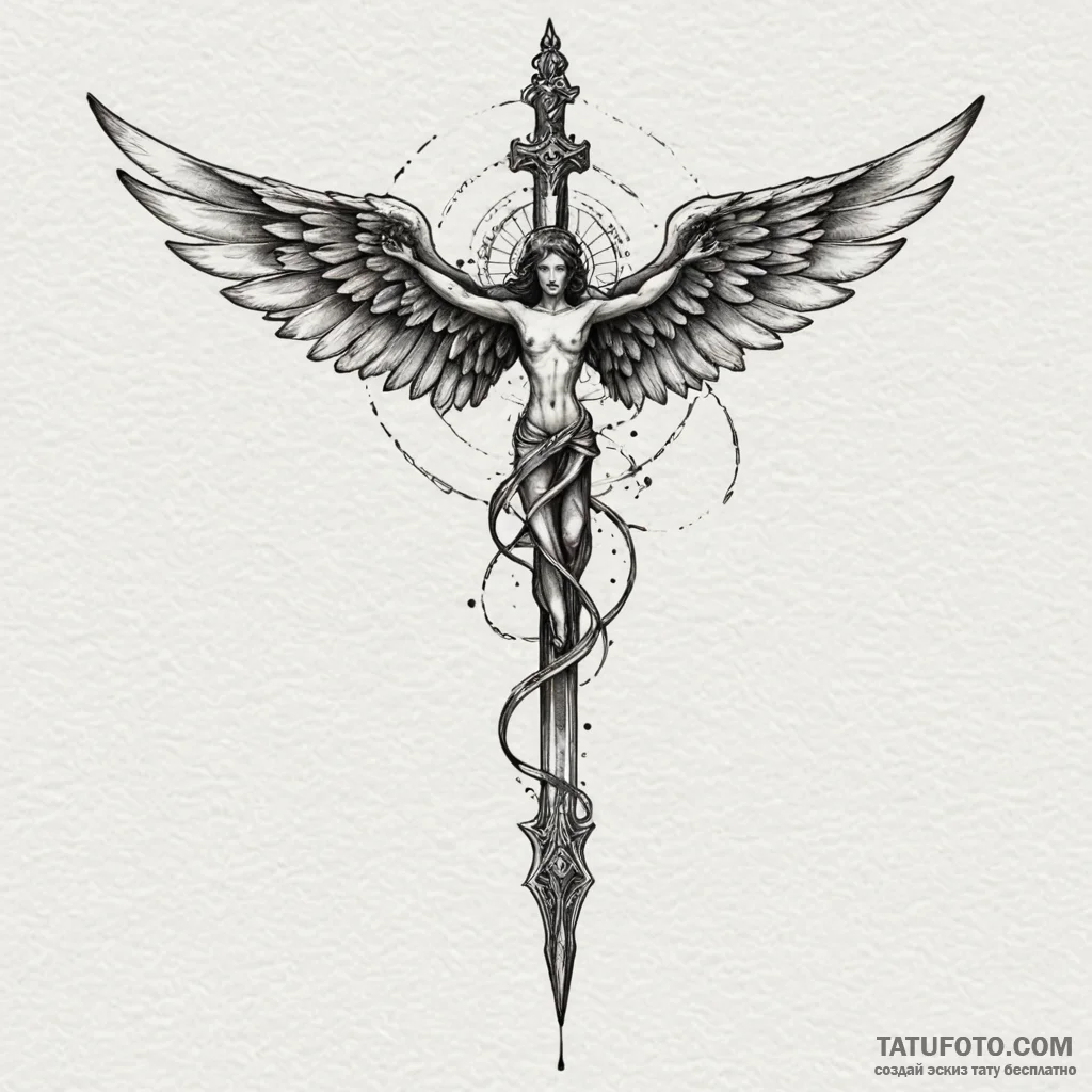 Angelic blade cleaving darkness, ink illustra... - эскиз тату (№1750602249_0, 22.06.2025 14:24) — Tatufoto.com