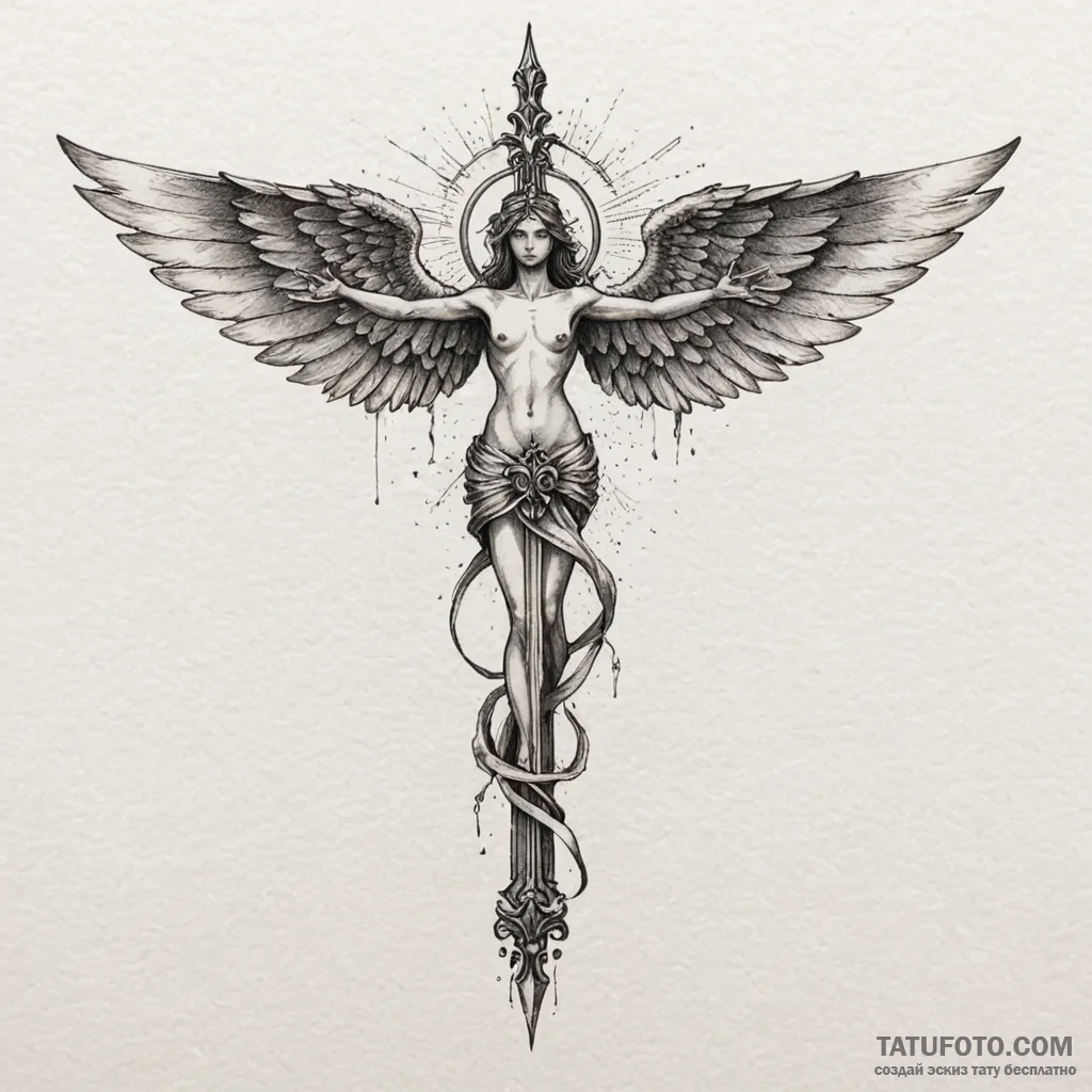 Angelic blade cleaving darkness, ink illustra... - эскиз тату (№1750602249_1, 22.06.2025 14:24) — Tatufoto.com