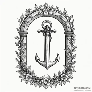Oak key beneath bone arch, ink illustration f... - эскиз тату (№1750602419_0, 22.06.2025 14:26) — Tatufoto.com