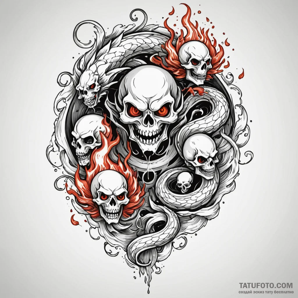 Jester juggling flaming skulls, ink illustrat... - эскиз тату (№1750602679_1, 22.06.2025 14:31) — Tatufoto.com
