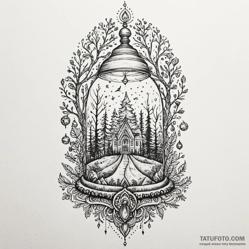 A whimsical bell jar enclosing a miniature ma... - эскиз тату (№1750603571_0, 22.06.2025 14:46) — Tatufoto.com