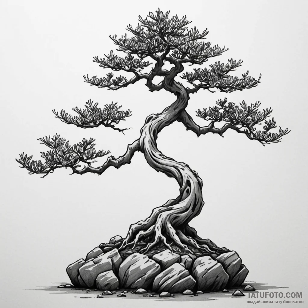 A stylized bonsai tree rooted on a rock, asia... - эскиз тату (№1750604169_0, 22.06.2025 14:56) — Tatufoto.com