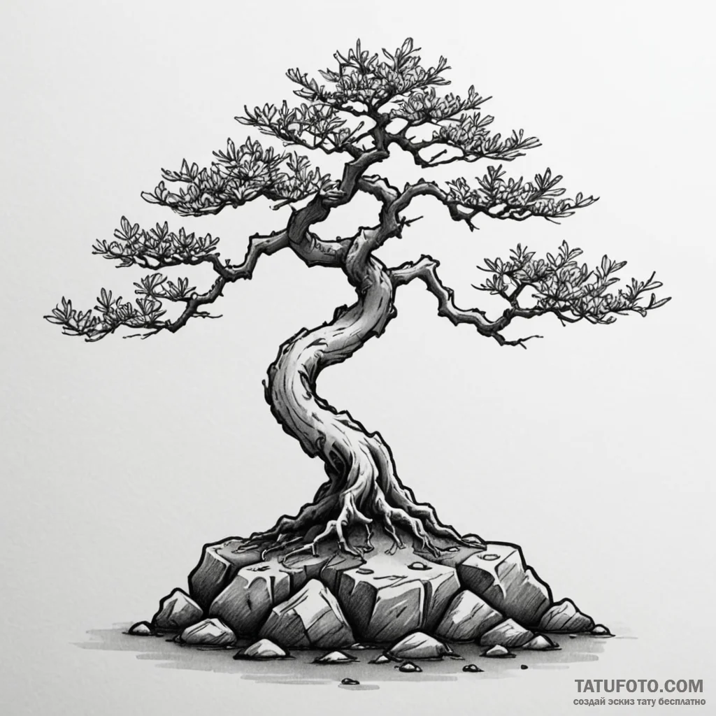 A stylized bonsai tree rooted on a rock, asia... - эскиз тату (№1750604169_1, 22.06.2025 14:56) — Tatufoto.com