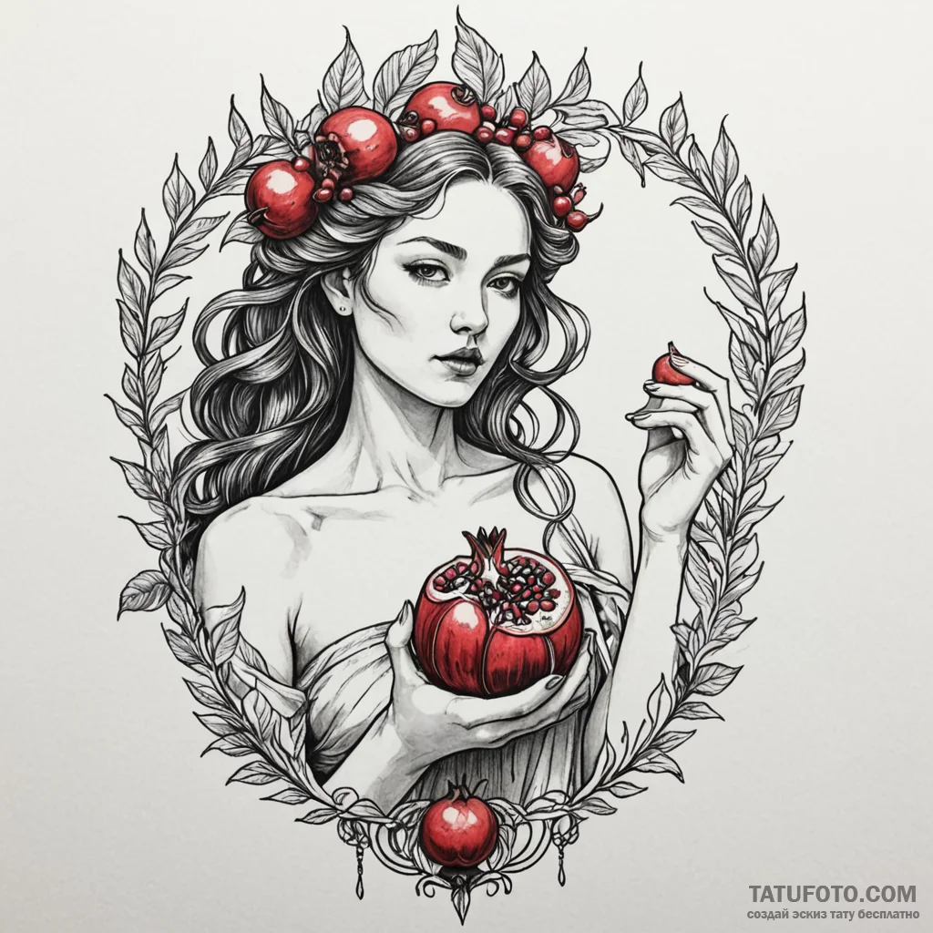 Persephone holding a pomegranate, seeds glowi... - эскиз тату (№1750604342_1, 22.06.2025 14:59) — Tatufoto.com