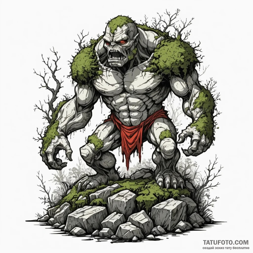 Lumbering golem made of moss and ancient ston... - эскиз тату (№1750604436_1, 22.06.2025 15:00) — Tatufoto.com