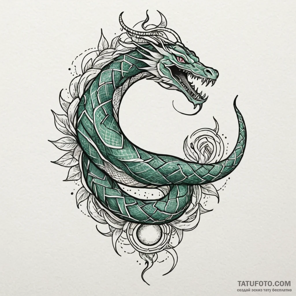 Emerald serpent biting sun, ink illustration... - эскиз тату (№1750608302_0, 22.06.2025 16:05) — Tatufoto.com