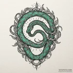 Emerald serpent biting sun, ink illustration… — эскиз тату (№1750608302_1, 22.06.2025 16:05) — Tatufoto.com