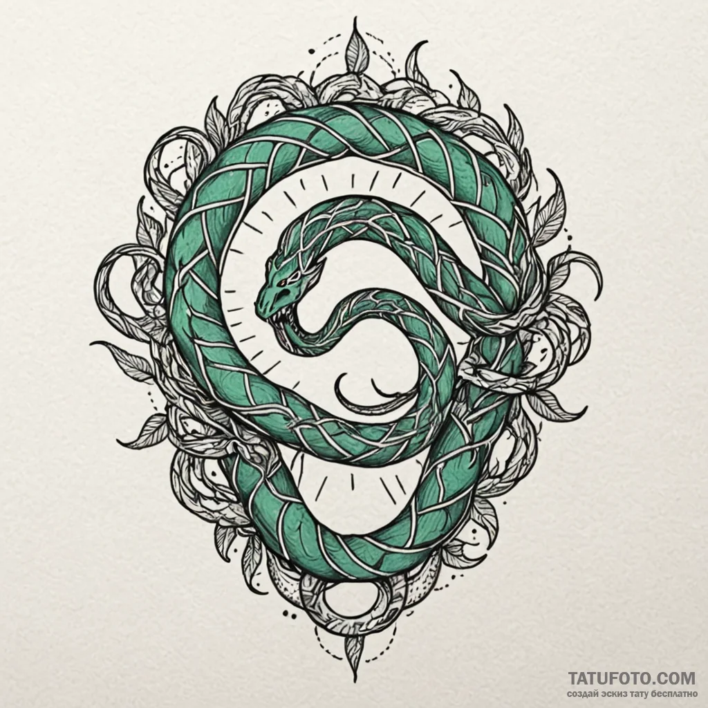 Emerald serpent biting sun, ink illustration... - эскиз тату (№1750608302_1, 22.06.2025 16:05) — Tatufoto.com