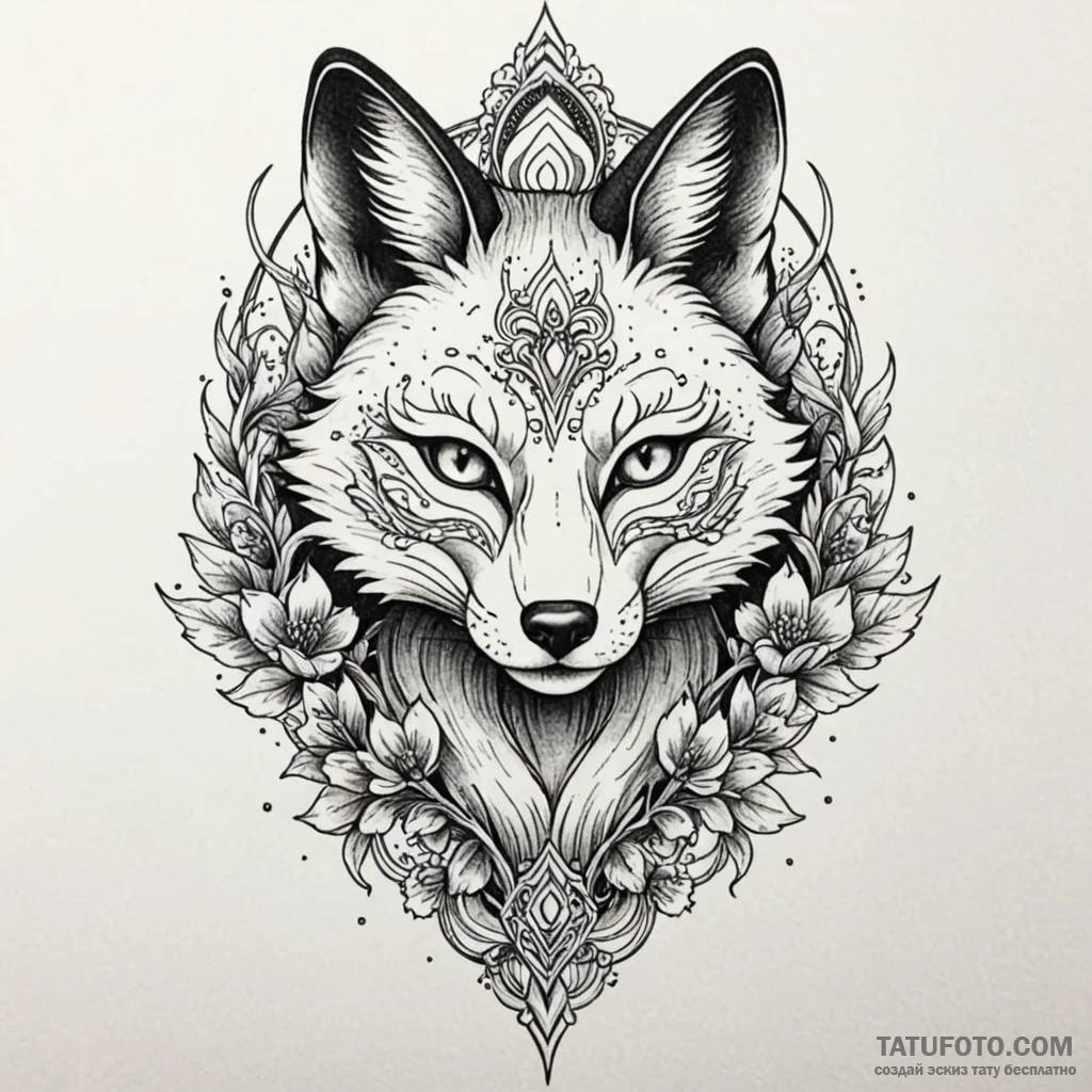 Fox wearing a kitsune mask, with glitching di... - эскиз тату (№1750610887_0, 22.06.2025 16:48) — Tatufoto.com