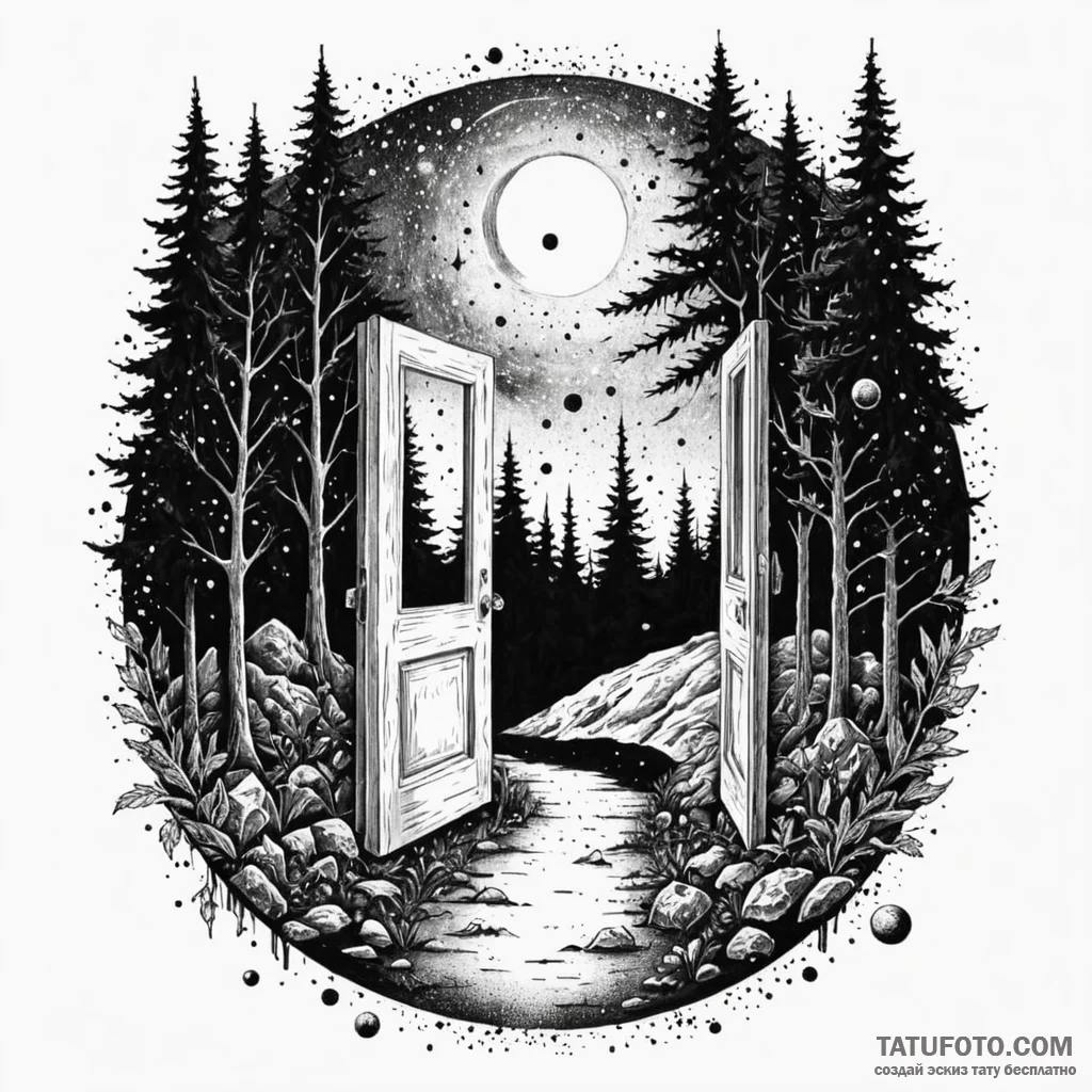 An open door in the middle of a forest leadin... - эскиз тату (№1750612061_0, 22.06.2025 17:07) — Tatufoto.com