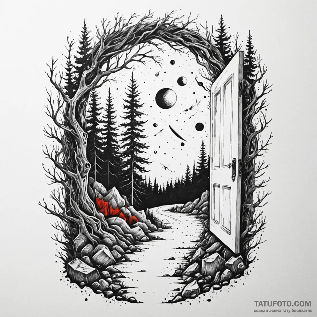 An open door in the middle of a forest leadin... - эскиз тату (№1750612061_1, 22.06.2025 17:07) — Tatufoto.com