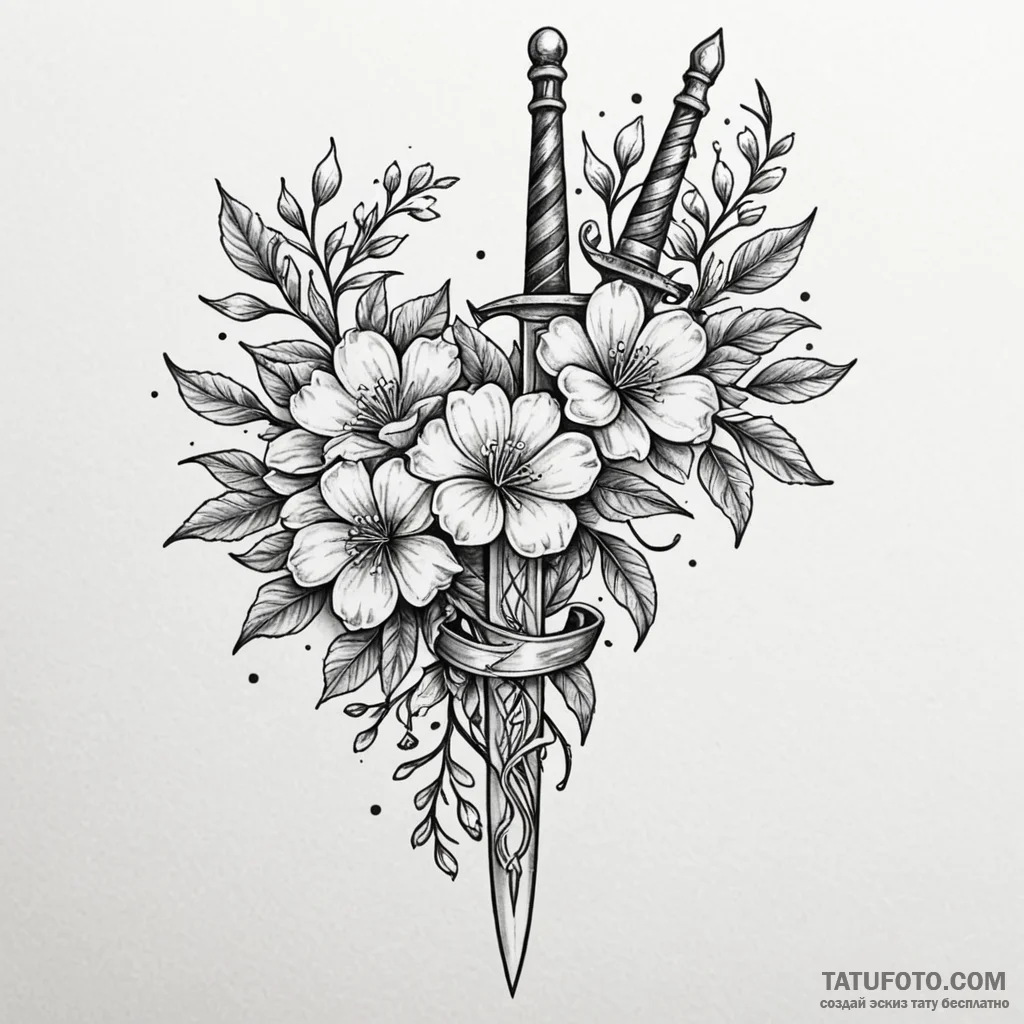 Kris dagger entwined with blossoms, tattoo dr... - эскиз тату (№1750612351_0, 22.06.2025 17:12) — Tatufoto.com