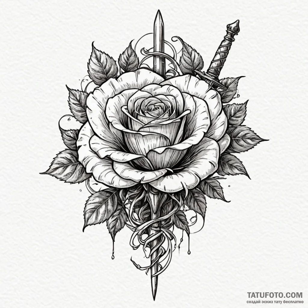 Dagger in skeletal rose, artistic tattoo sket... - эскиз тату (№1750613116_1, 22.06.2025 17:25) — Tatufoto.com