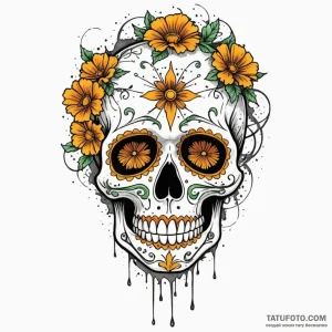 Sugar skull decorated with marigolds and cobw... - эскиз тату (№1750613383_1, 22.06.2025 17:29) — Tatufoto.com