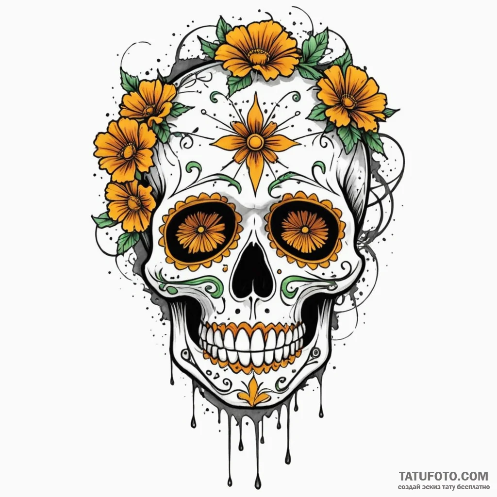 Sugar skull decorated with marigolds and cobw... - эскиз тату (№1750613383_1, 22.06.2025 17:29) — Tatufoto.com