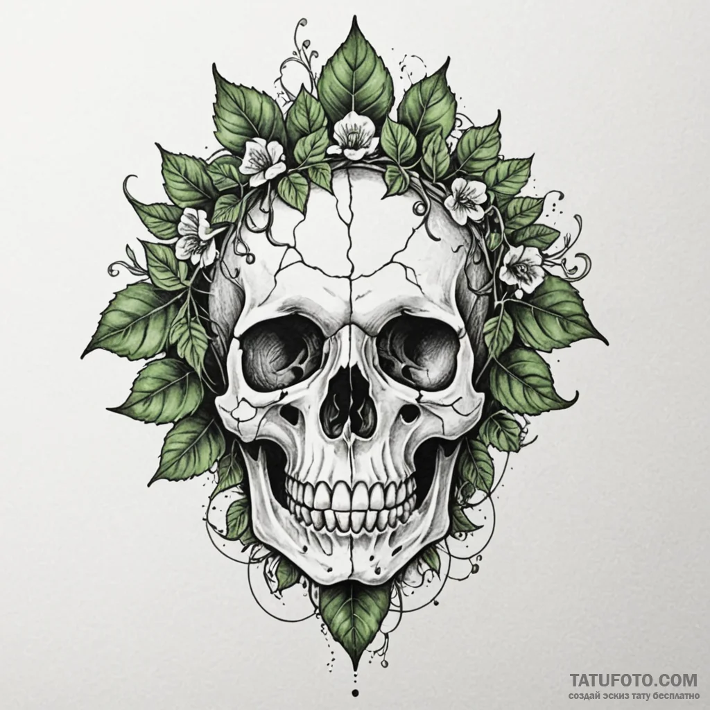 Quartz skull crowned with ivy, artistic tatto... - эскиз тату (№1750614824_0, 22.06.2025 17:53) — Tatufoto.com