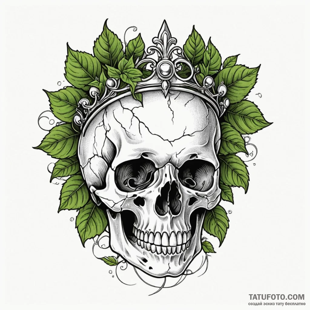 Quartz skull crowned with ivy, artistic tatto... - эскиз тату (№1750614824_1, 22.06.2025 17:53) — Tatufoto.com