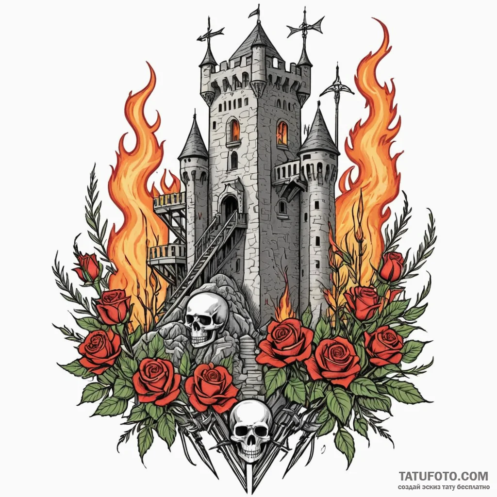 Castle siege tower moving through a field of... - эскиз тату (№1750617452_0, 22.06.2025 18:37) — Tatufoto.com