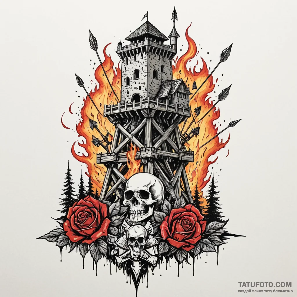 Castle siege tower moving through a field of... - эскиз тату (№1750617452_1, 22.06.2025 18:37) — Tatufoto.com
