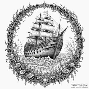 Sunken ship resting on bone reef, artistic ta... - эскиз тату (№1750617987_1, 22.06.2025 18:46) — Tatufoto.com