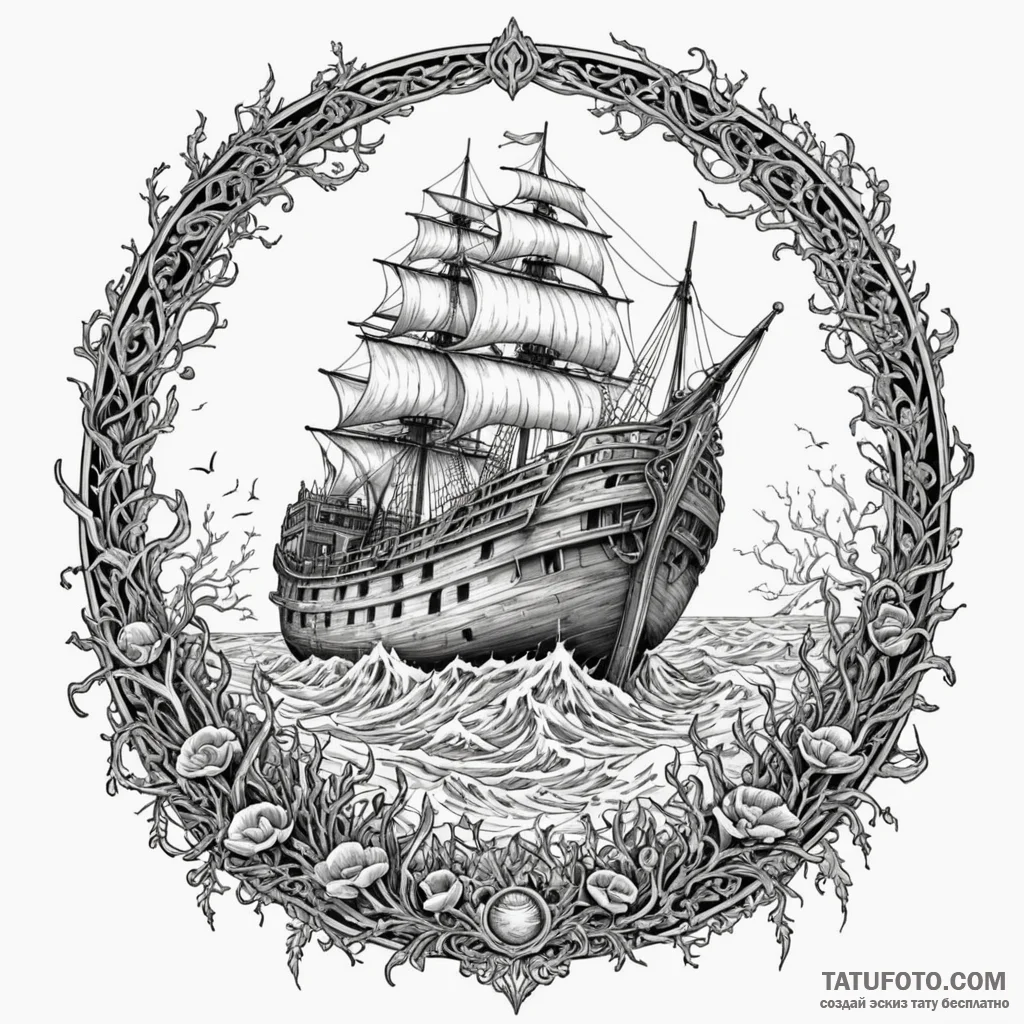Sunken ship resting on bone reef, artistic ta... - эскиз тату (№1750617987_1, 22.06.2025 18:46) — Tatufoto.com