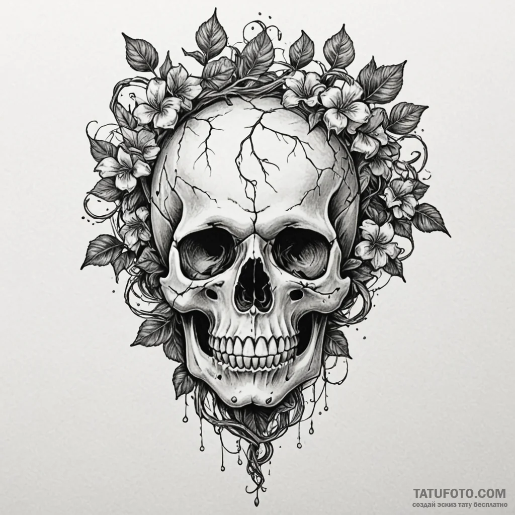 Black ivy twisting around skull, ink illustra... - эскиз тату (№1750618337_1, 22.06.2025 18:52) — Tatufoto.com