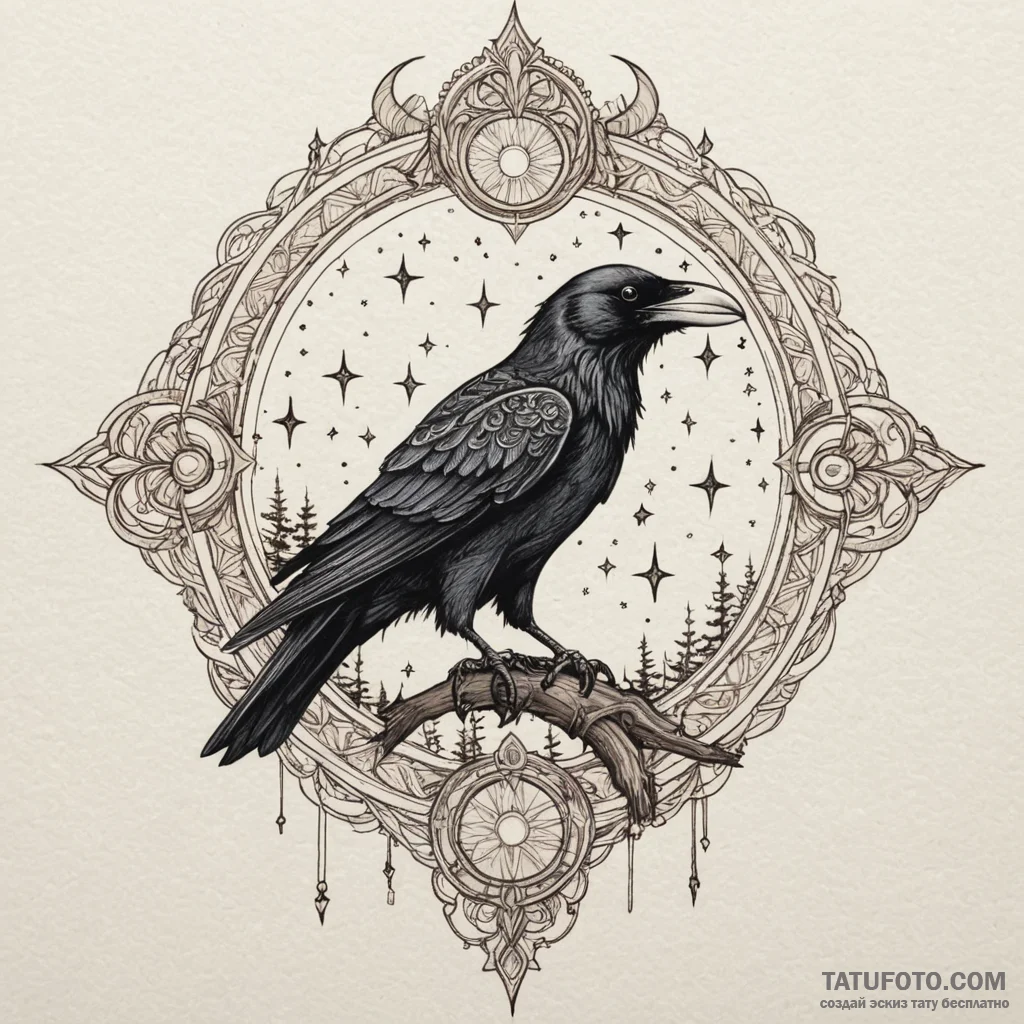 Spectral raven beneath starlit sky, tattoo li... - эскиз тату (№1750618864_1, 22.06.2025 19:01) — Tatufoto.com
