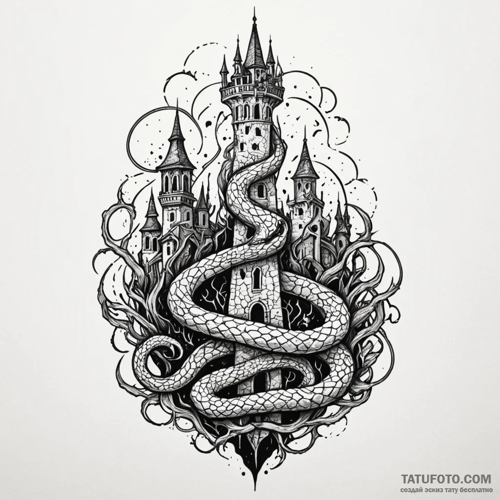 Haunted serpent beneath shattered spire, tatt... - эскиз тату (№1750619130_0, 22.06.2025 19:05) — Tatufoto.com