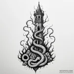 Haunted serpent beneath shattered spire, tatt… — эскиз тату (№1750619130_1, 22.06.2025 19:05) — Tatufoto.com