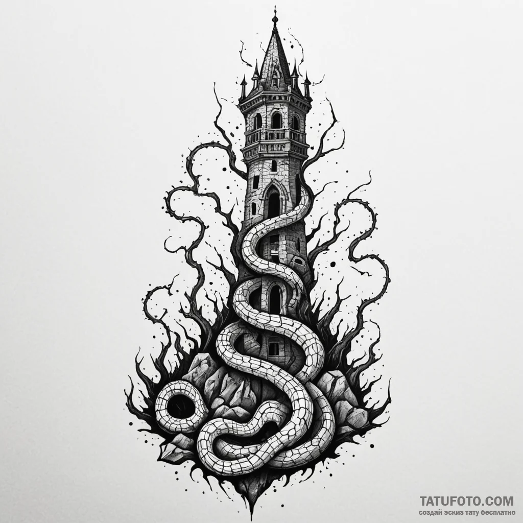 Haunted serpent beneath shattered spire, tatt... - эскиз тату (№1750619130_1, 22.06.2025 19:05) — Tatufoto.com