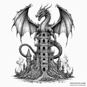 Dragon wings wrapping around tower, ink illus... - эскиз тату (№1750619392_0, 22.06.2025 19:09) — Tatufoto.com