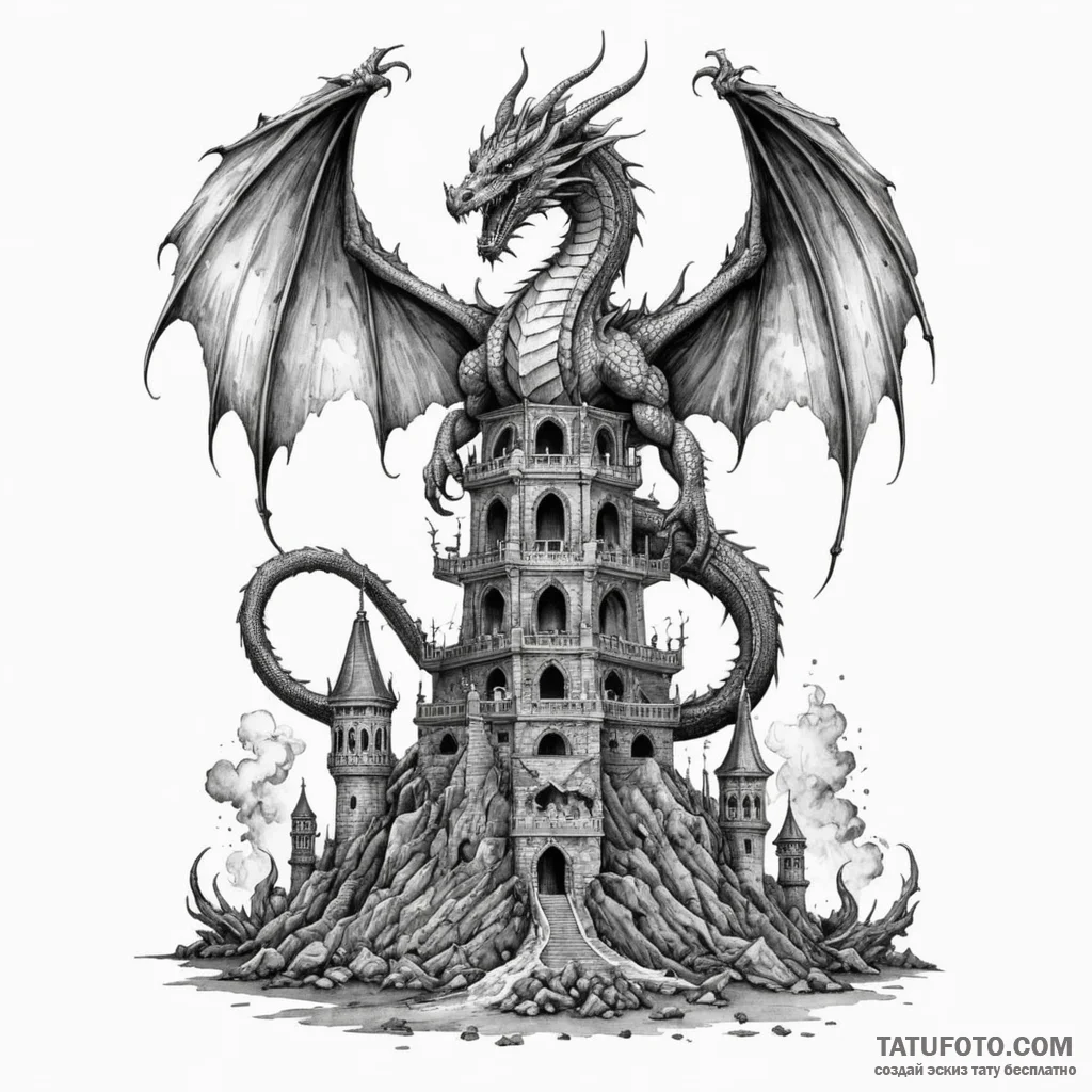 Dragon wings wrapping around tower, ink illus... - эскиз тату (№1750619392_0, 22.06.2025 19:09) — Tatufoto.com